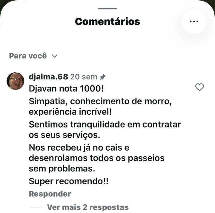 Comentário de cliente no Instagram elogiando o conhecimento de Djavan sobre Morro de São Paulo e a tranquilidade do passeio