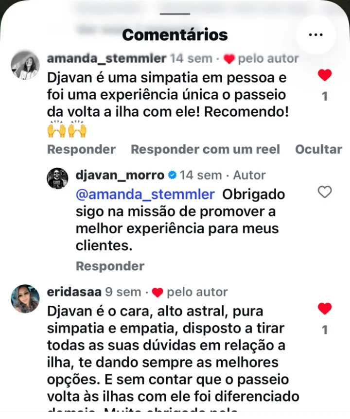 Comentários de clientes no Instagram sobre a experiência única no passeio de volta à ilha
