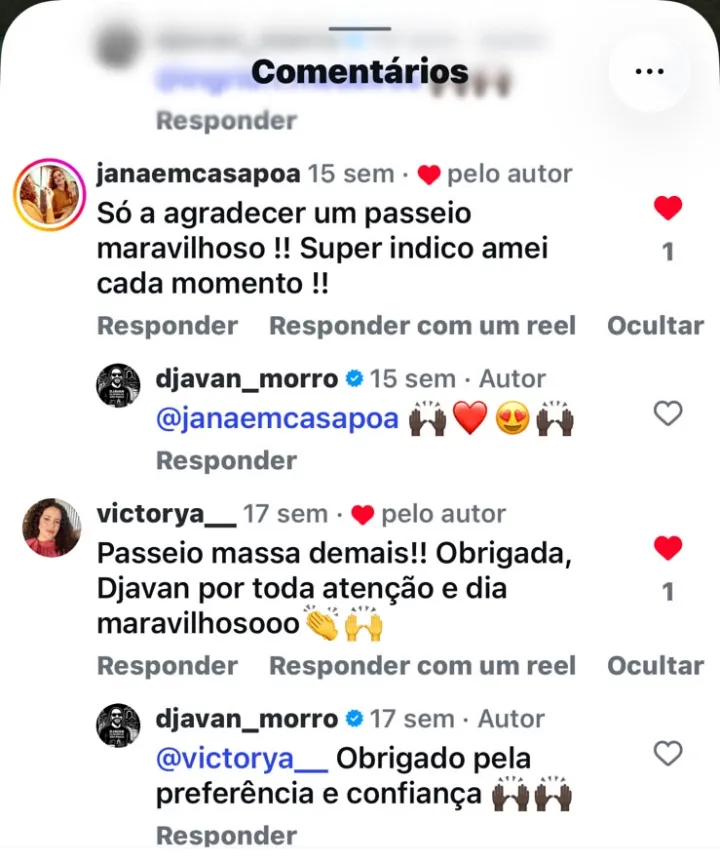 Comentários de clientes no Instagram agradecendo um passeio maravilhoso em Morro de São Paulo
