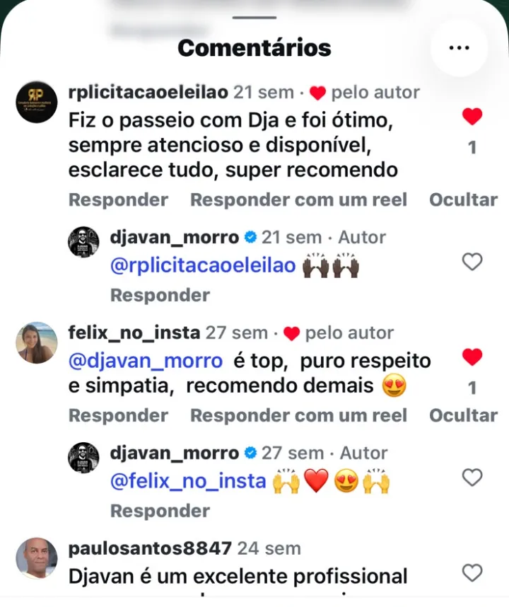 Comentários de clientes no Instagram destacando a atenção e a disponibilidade de Djavan durante o passeio