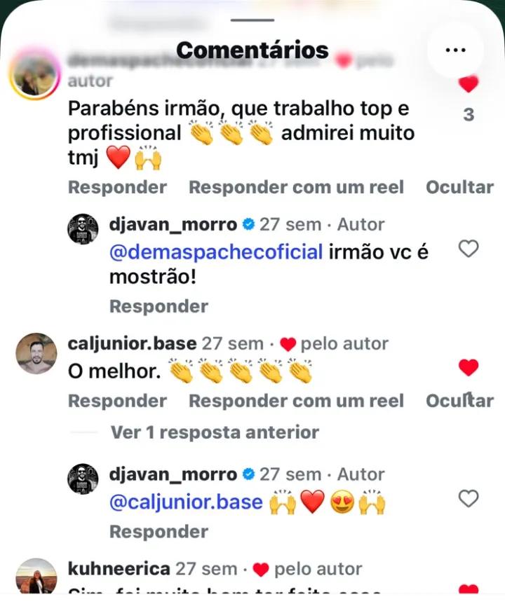 Comentários de clientes no Instagram parabenizando o trabalho profissional de Djavan