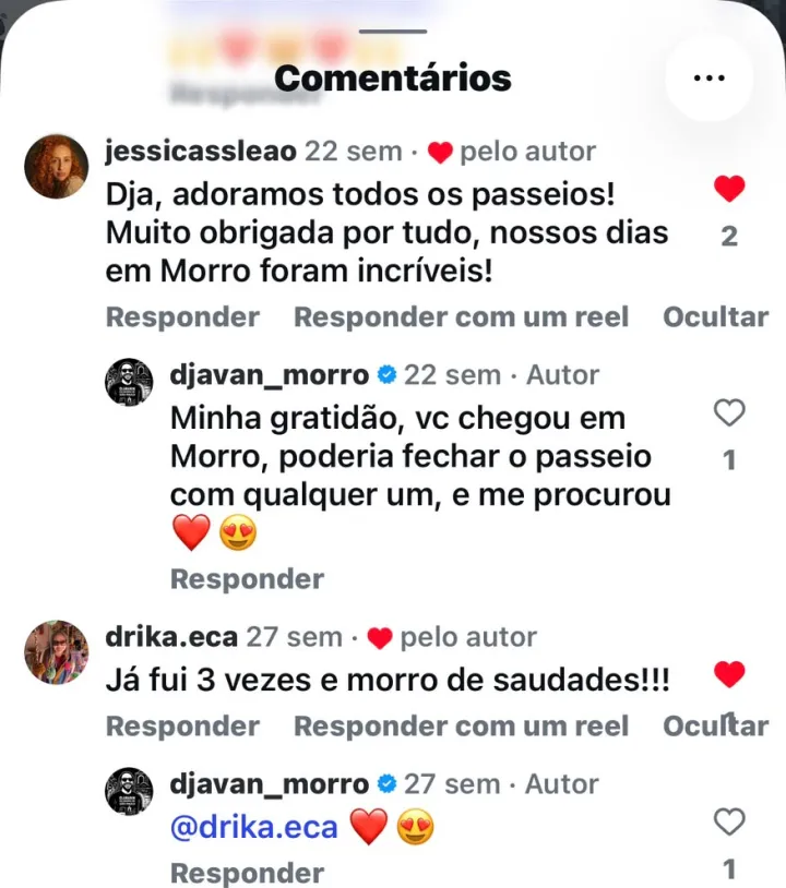 Comentários de clientes no Instagram contando que já fizeram os passeios várias vezes