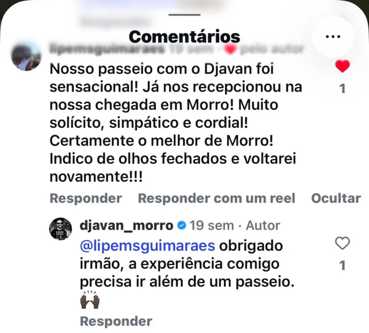 Comentário de cliente no Instagram dizendo que o passeio com Djavan foi sensacional