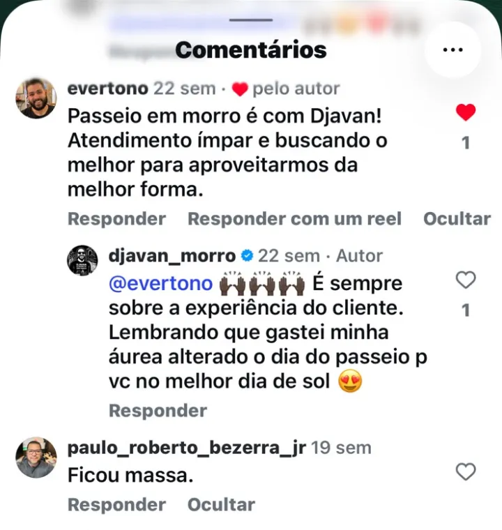 Comentário de cliente no Instagram sobre o atendimento ímpar durante o passeio em Morro