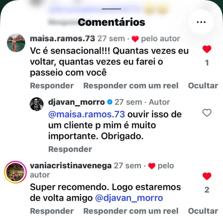 Comentários de clientes no Instagram recomendando o passeio e prometendo voltar