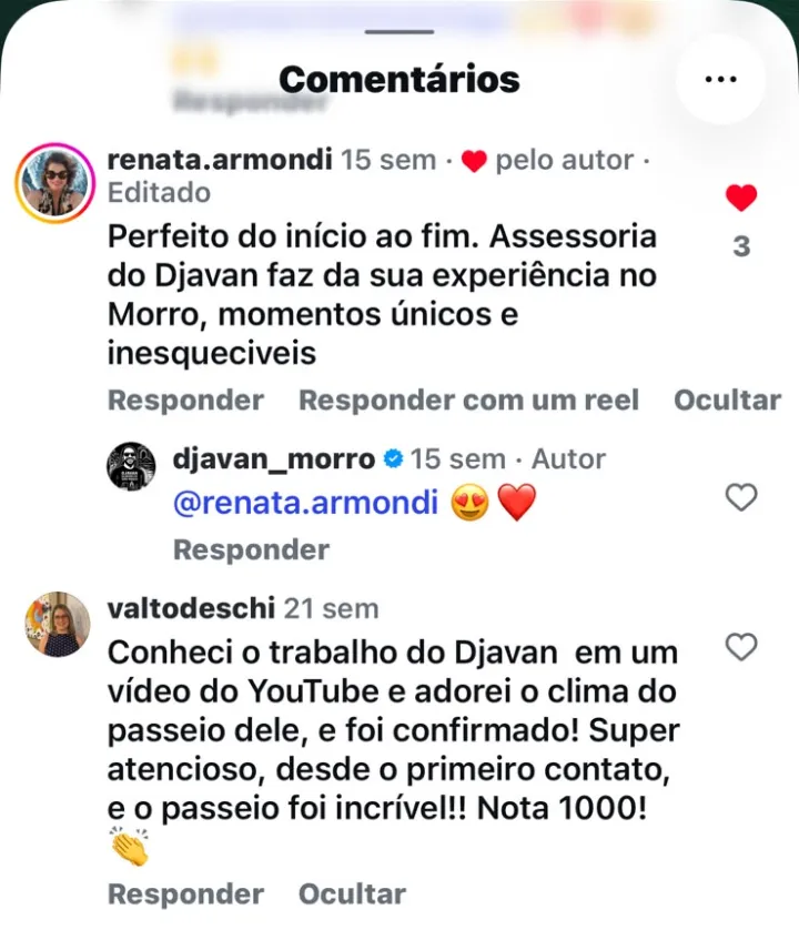 Comentários de clientes no Instagram descrevendo momentos únicos e inesquecíveis com Djavan