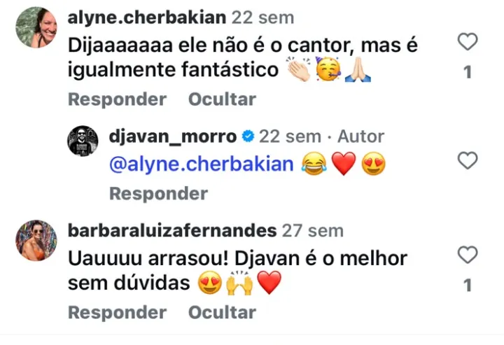Comentários de clientes no Instagram dizendo que Djavan é o melhor de Morro de São Paulo